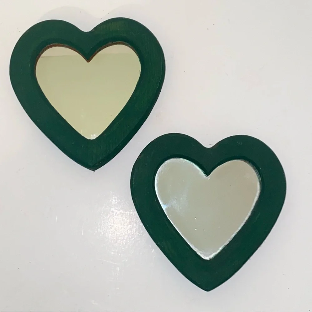 Vintage Hunter Green Painted Wooden Heart Shaped Accent Mirrors Set of 2